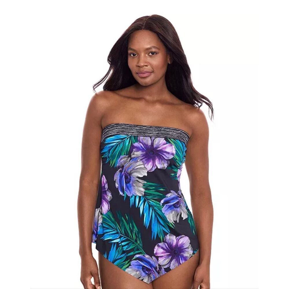 Miraclesuit Flora Aura Printed V-Shaped Strapless Underwire Tankini Black 12
